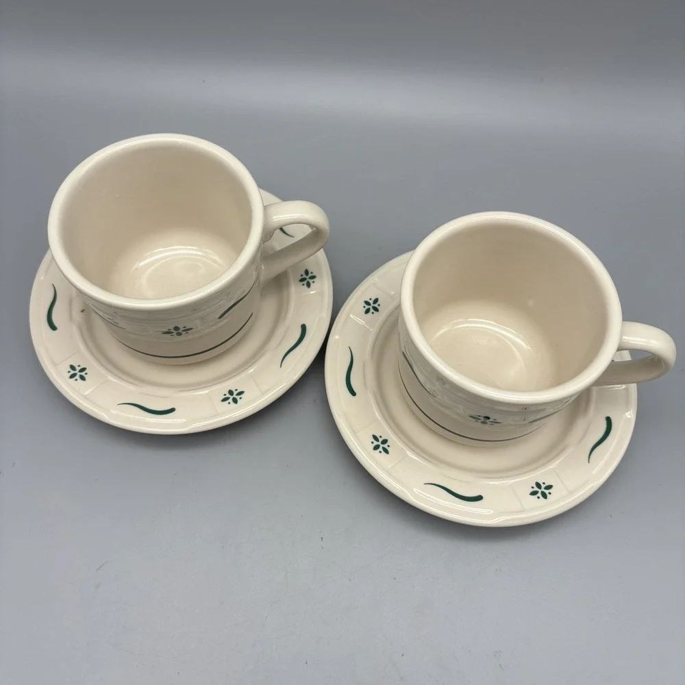 Longaberger Pottery Woven Traditions Classic w/ Green - Coffee Cup & Saucer Set2